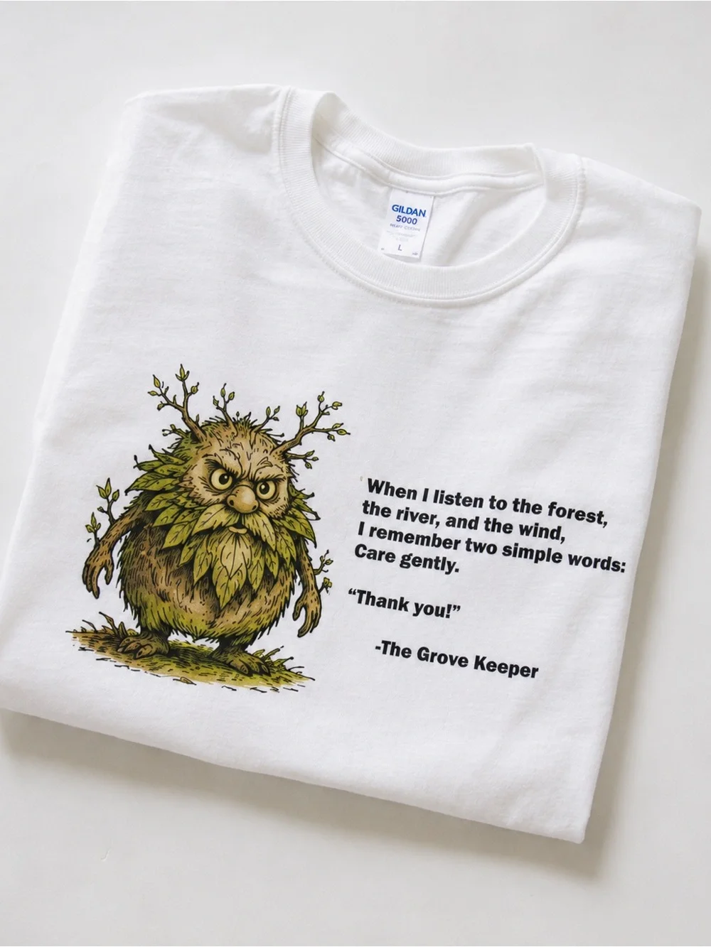 Gildan 5000 White Short-Sleeve Tee with Green & Brown Grove Keeper Illustration
